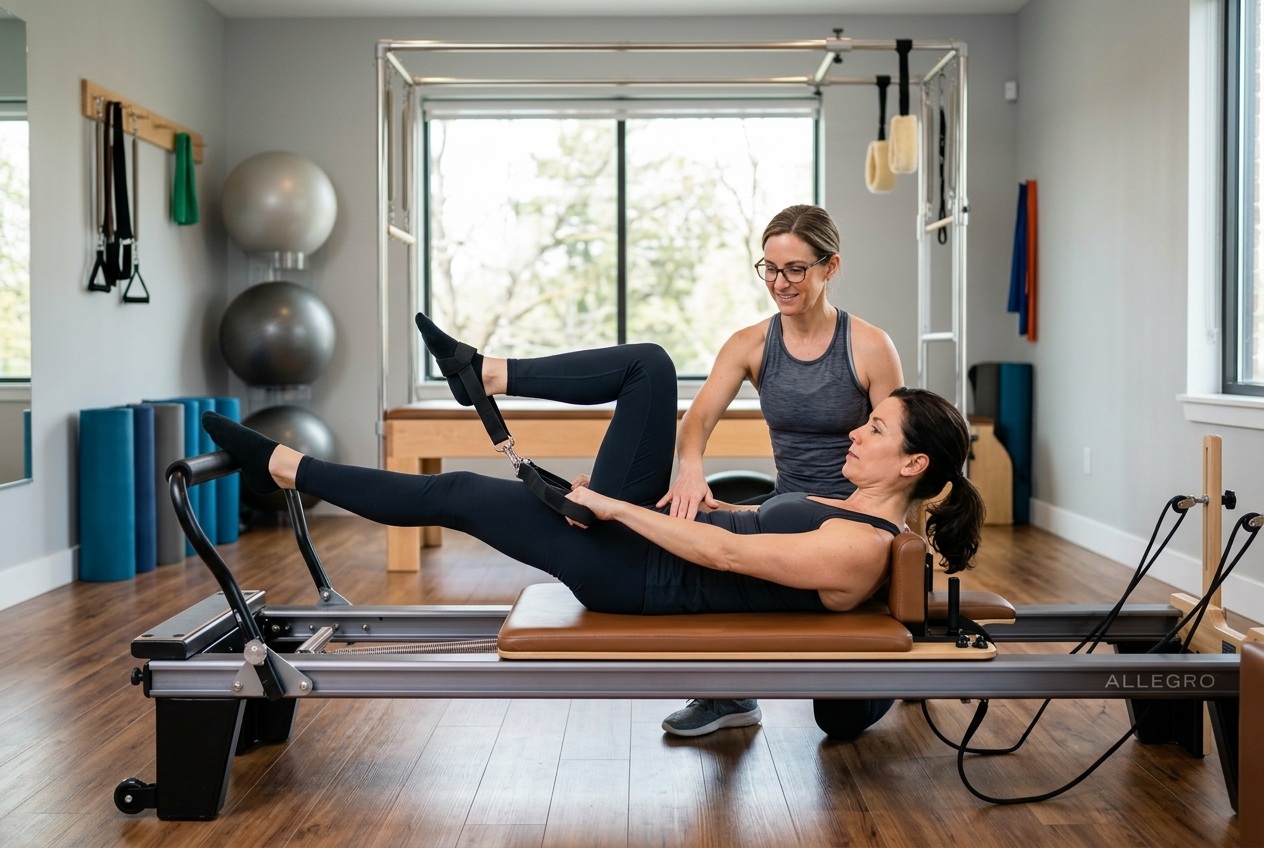instructora con alumna en maquina de pilates