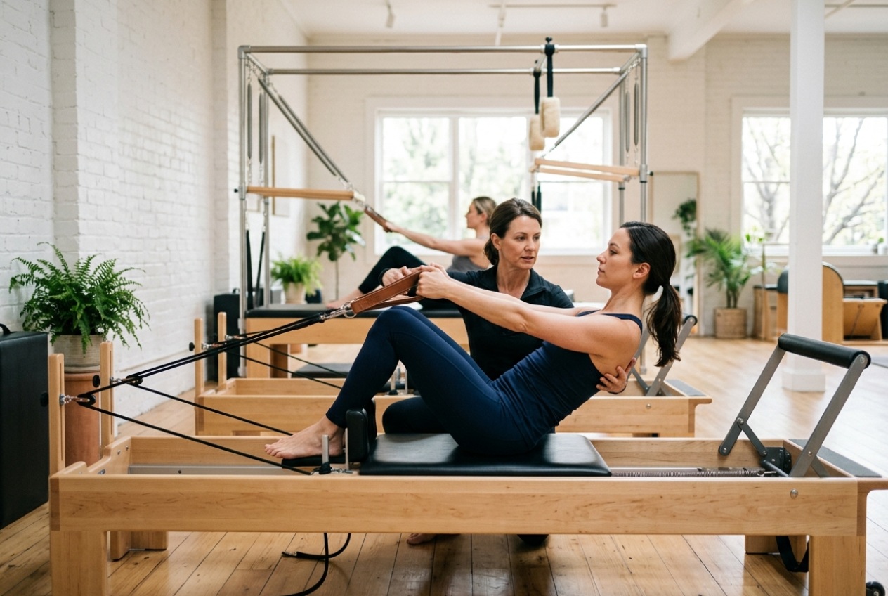 instructora con alumna haciendo pilates maquina