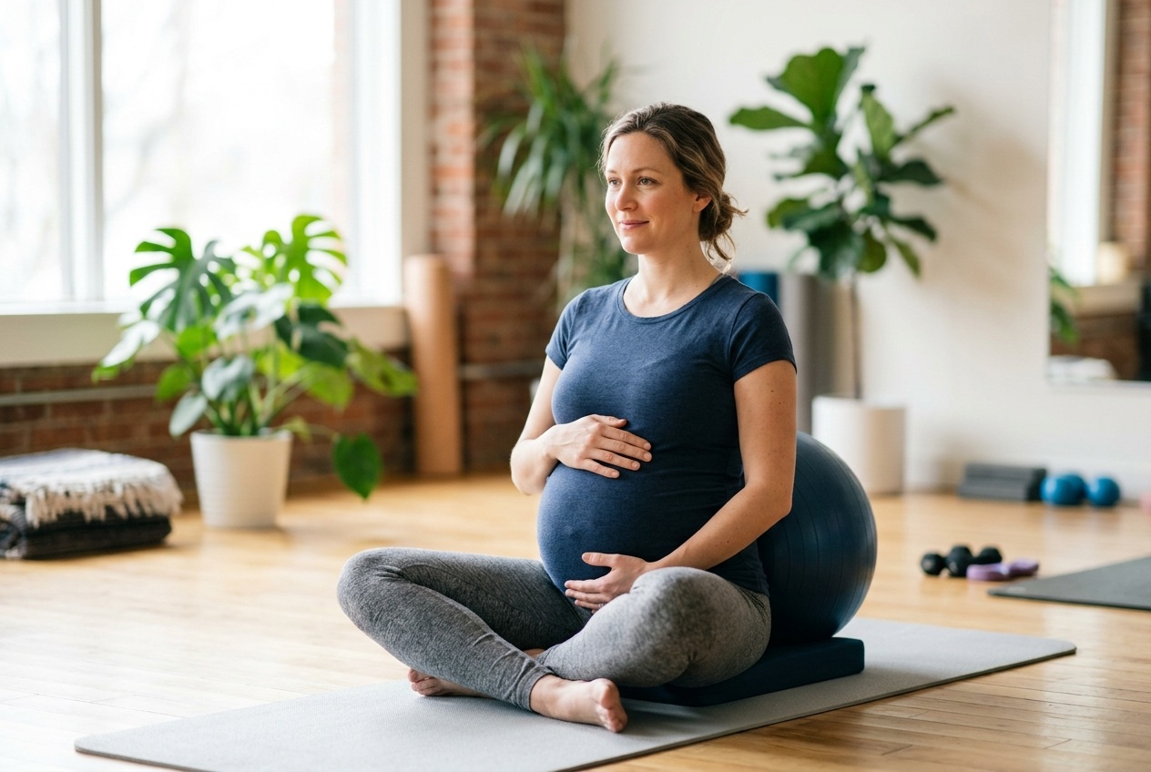 mujer embarazada sentada haciendo pilates
