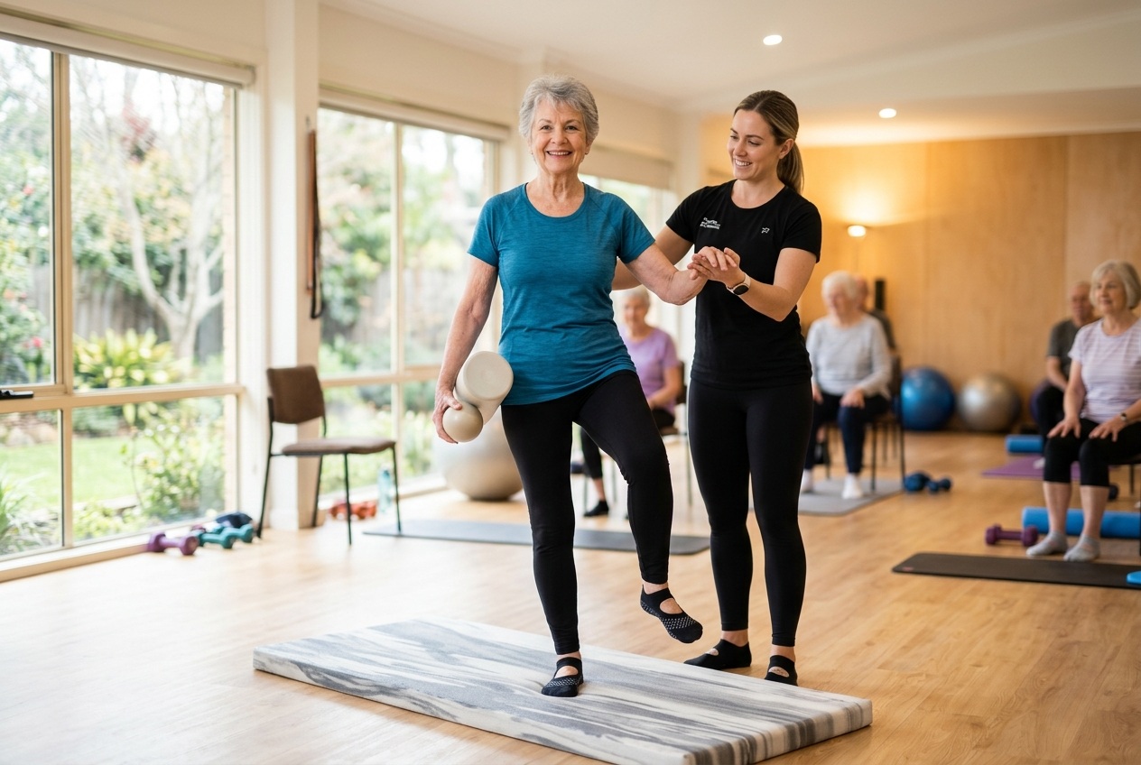 mujer mayor haciendo pilates con ayuda